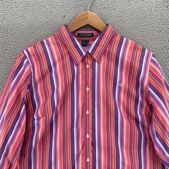 Lauren Ralph Lauren Shirt Womens 2X Plus Pink Multi Striped Button Up Collared - Picture 2 of 9